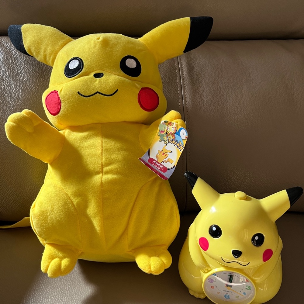 New POKÉMON PIKACHU 2pc BUNDLE/18” STUFFED ANIMAL TOY & QUARTZ MUSIC ALARM CLOCK